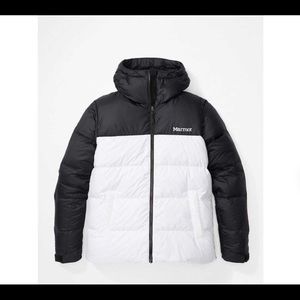 Marmot Women's 700 Fill Duck Down Hooded Jacket Black/White Size XL NWT